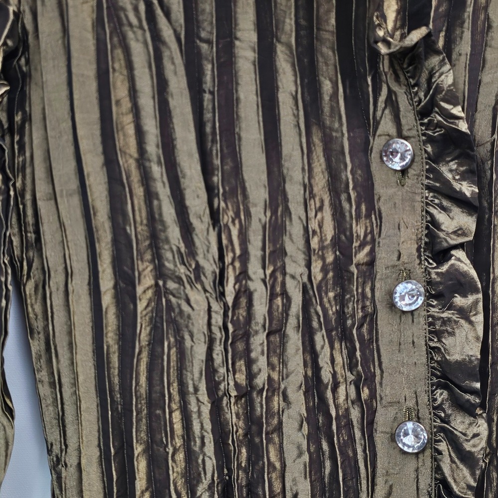 Jaipur Bronze Metallic Crinkle Top M Pleated Ruffle Rhinestone Dressy Whimsigoth - Picture 5 of 11